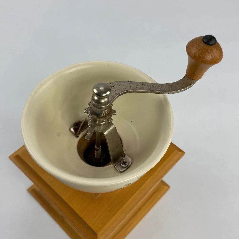 Vintage Style Floral Ceramic and Wood Manual Coffee Grinder Hand Crank Mill